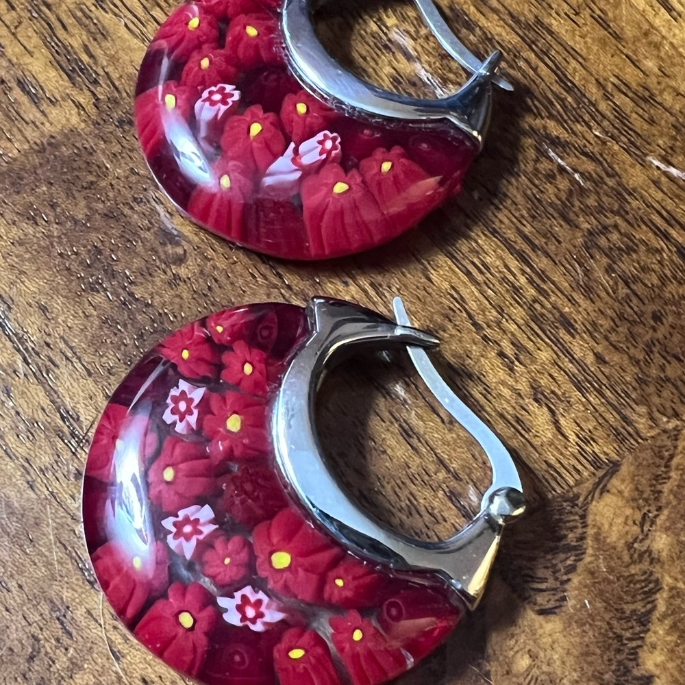 Murano millefiori designed glass FLOWER EARRINGS (large but not heavy!) - Picture 9 of 12